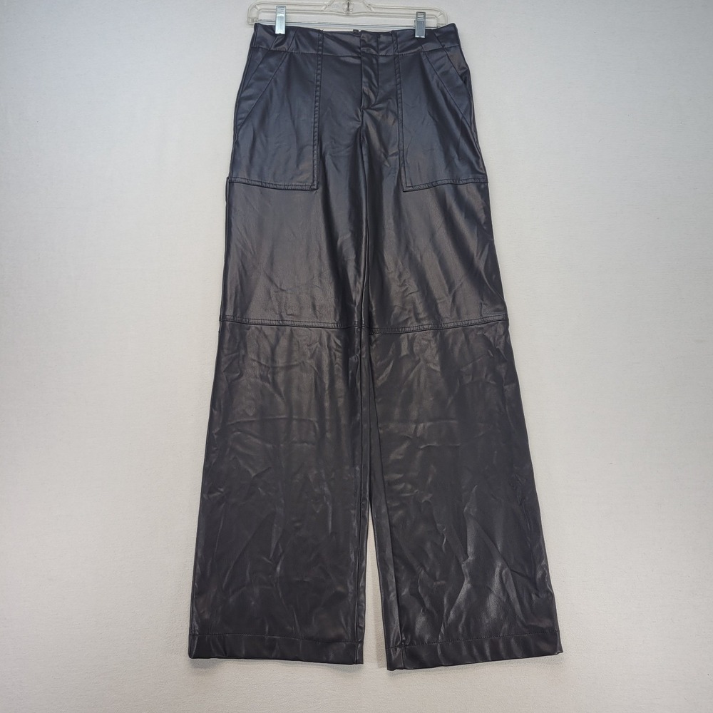 Zara‎ Faux Leather Pants Womens XS Black Wide Leg High Rise Moto Goth